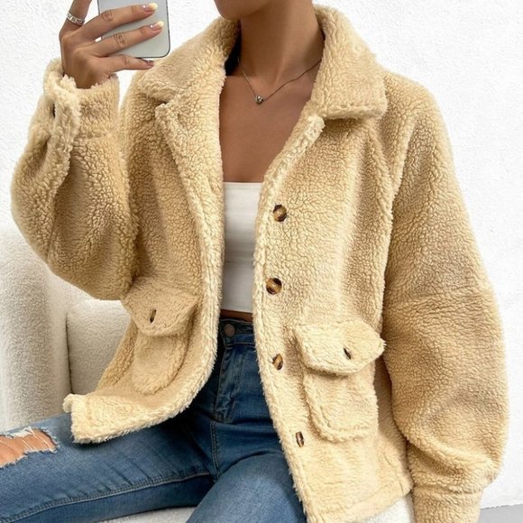 fall winter casual button teddy faux fur button down coat trending - Picture 2 of 6